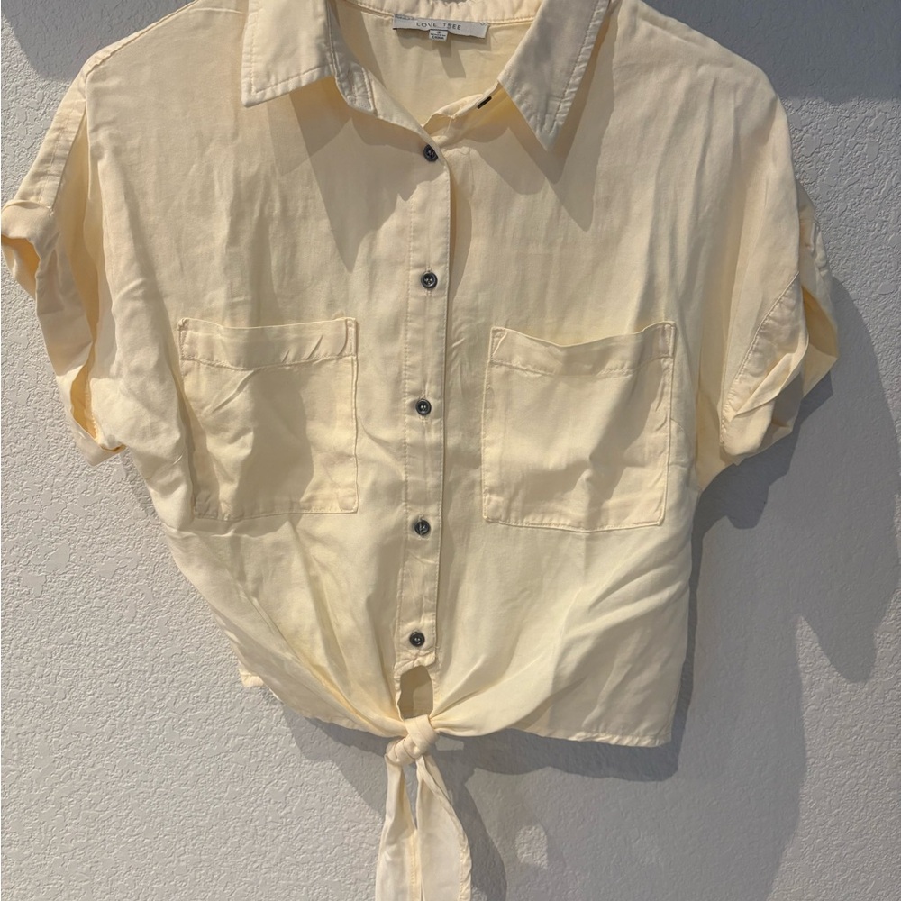 Love Tree Light Yellow Button-Up Tie-Front Top